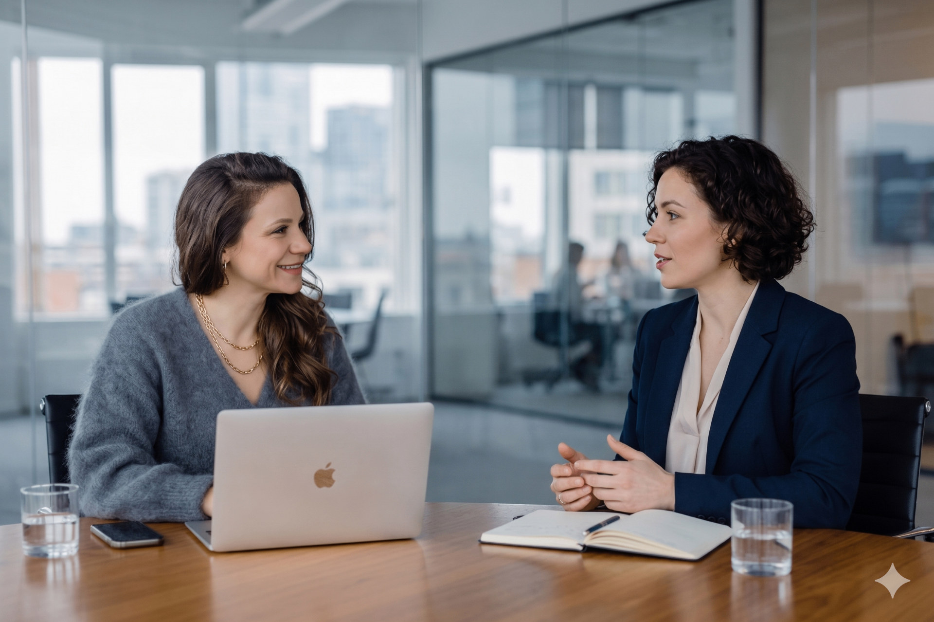 1:1 Coaching-Gespräch zwischen zwei Frauen am Tisch — persönliche Sessions mit Tara Tamina Rosival