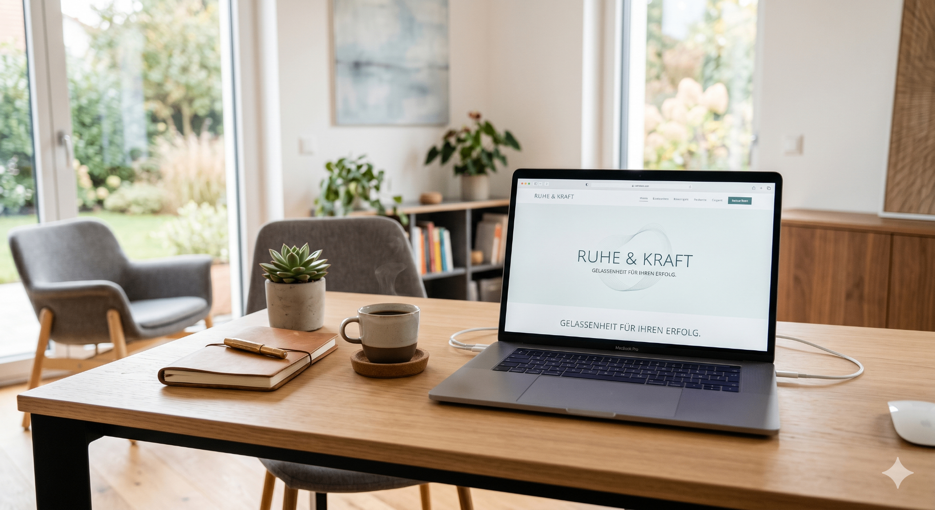 Heller Arbeitsplatz mit Laptop, Kaffee und Pflanze am Holztisch — Business-Begleitung und Workshops mit Tara Tamina Rosival